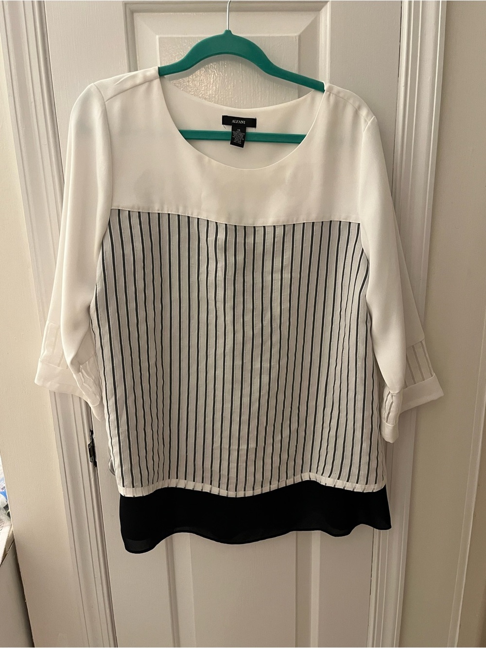 Alfani White Blouse with Black Pinstripe Bodice and Black Hem